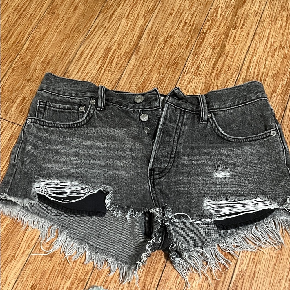 We the Free Frayed Hem Black Denim Shorts